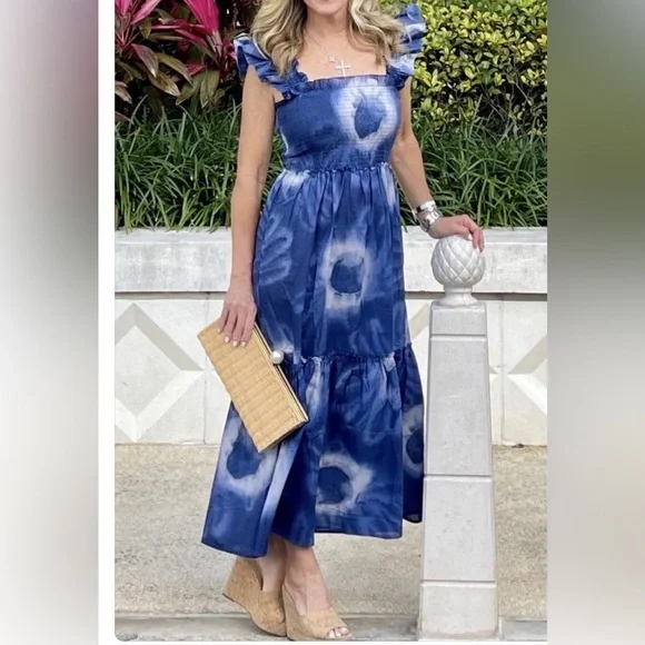 Tuckernuck Rory Blue Dye Ruffle Sleeve 100% Cotton Midi Sundress Small - Picture 1 of 11